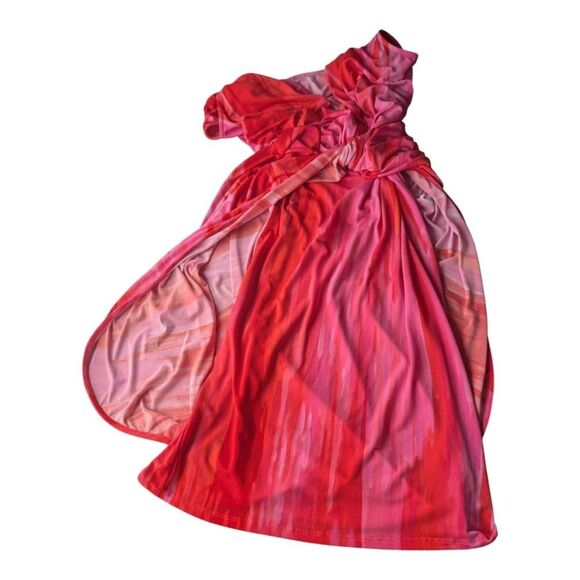 Natori Red Pink Watercolor Ruched Sheath Dress V-Neck Sleeveless Cocktail Small - Picture 5 of 10